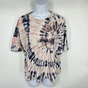 Free State Womens Small T-Shirt Tie Dye Pink Blue Floral Embroidered Graphic Tee
